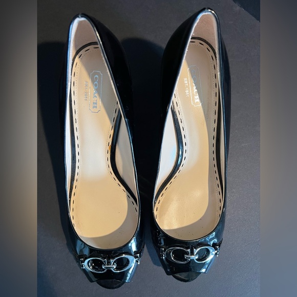 Coach Peep Toe Black Patent Leather Wedge Heels - Picture 3 of 6